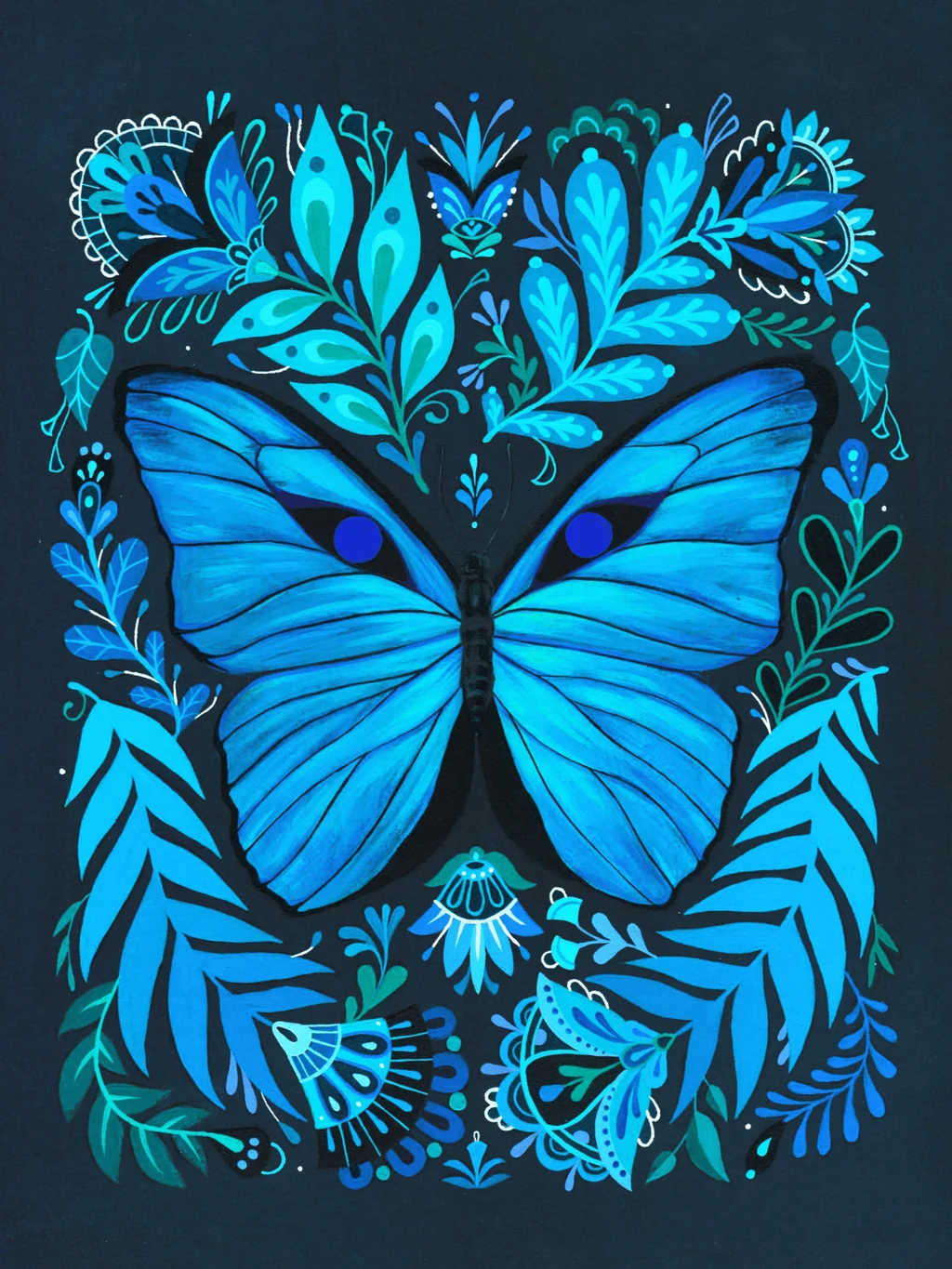 Blue Morpho Folk Art Print, 10 x 8
