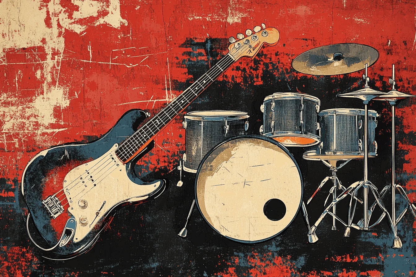 Music Mural Wallpaper. Vintage Rock Band Instruments