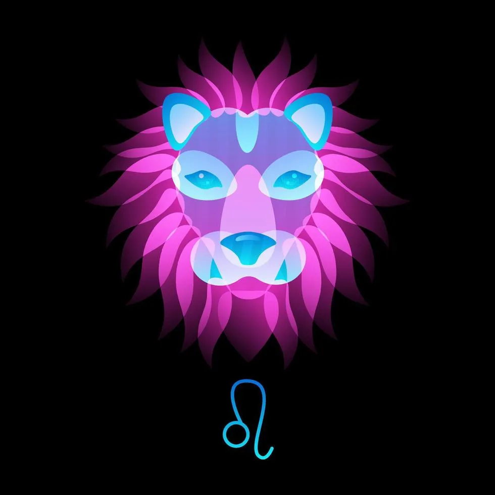 Zodiac sign head neon leo on black background, horoscope. Stock vector illustration