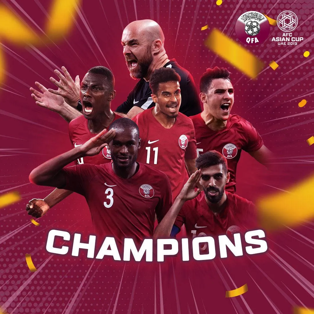 Download Qatar National Football Team Champions Poster Wallpaper