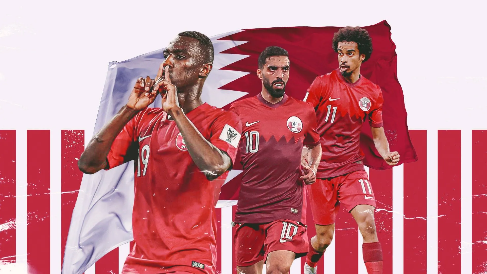 Download Qatar National Football Team With Qatar Flag Wallpaper