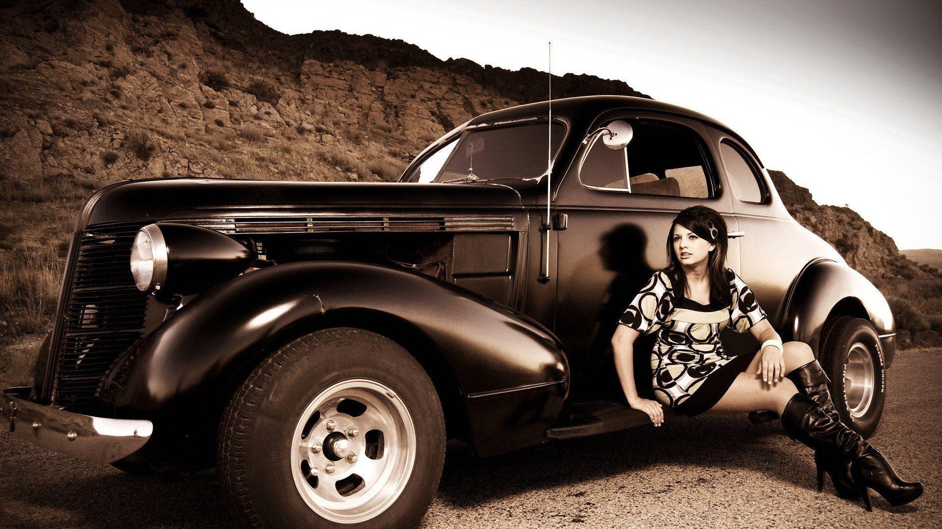 Girl And Hot Rod Wallpaper