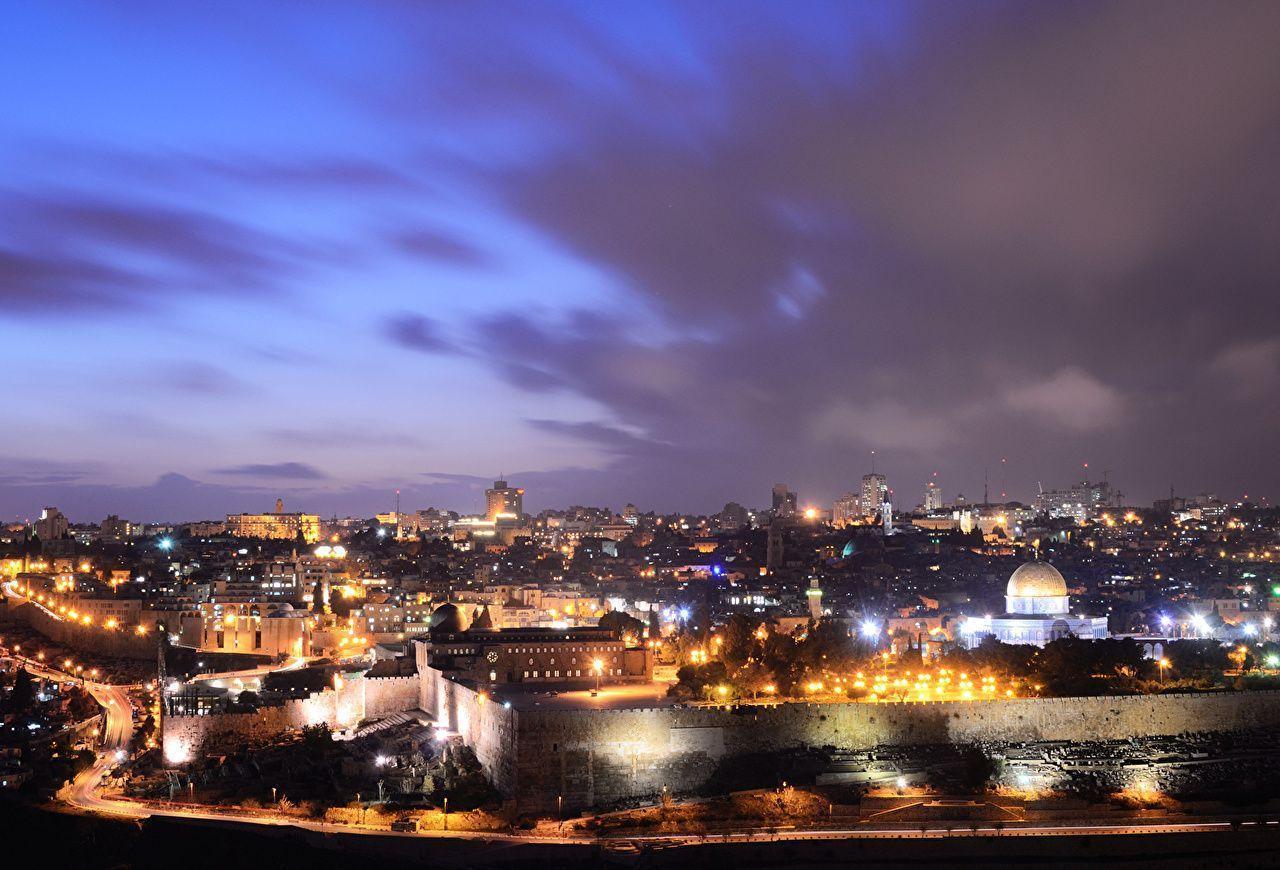 Photos Israel Jerusalem night time Street lights Cities Houses