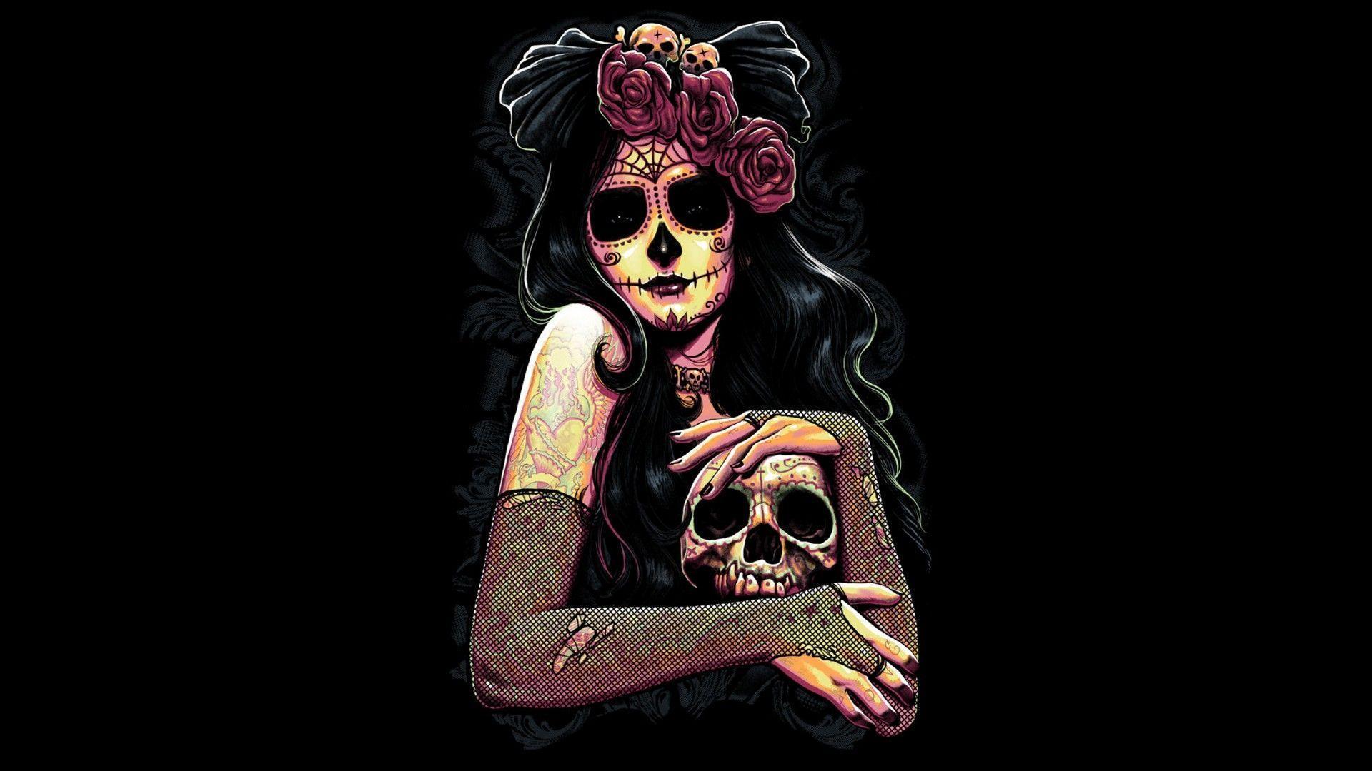 Fantasy Girl With Day Of The Dead Make Up And Skeleton Full HD
