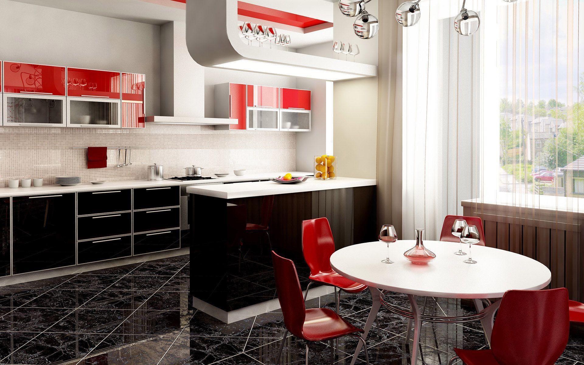 The kitchen and dining room / red and black wallpaper and image