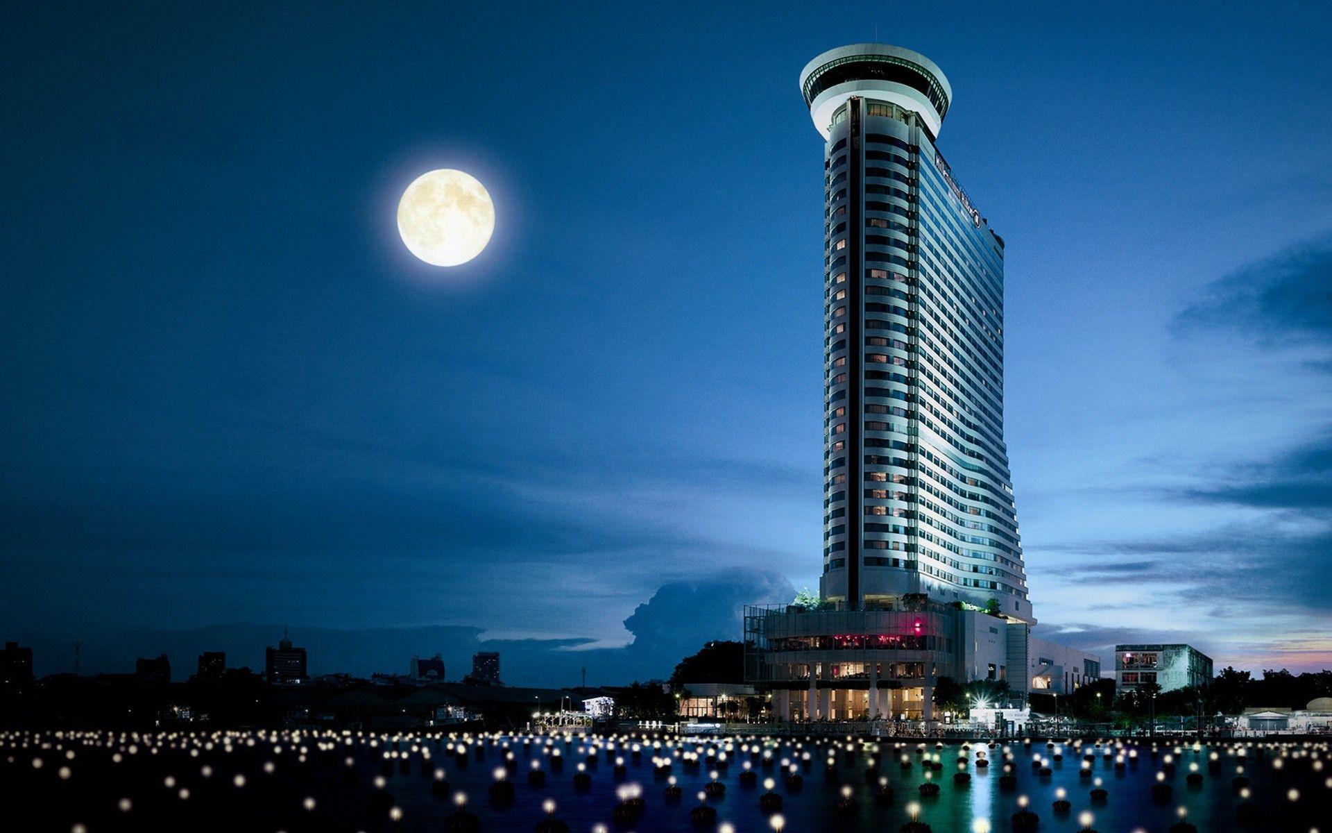 Cityscapes lights architecture Moon Thailand hotels wallpaper
