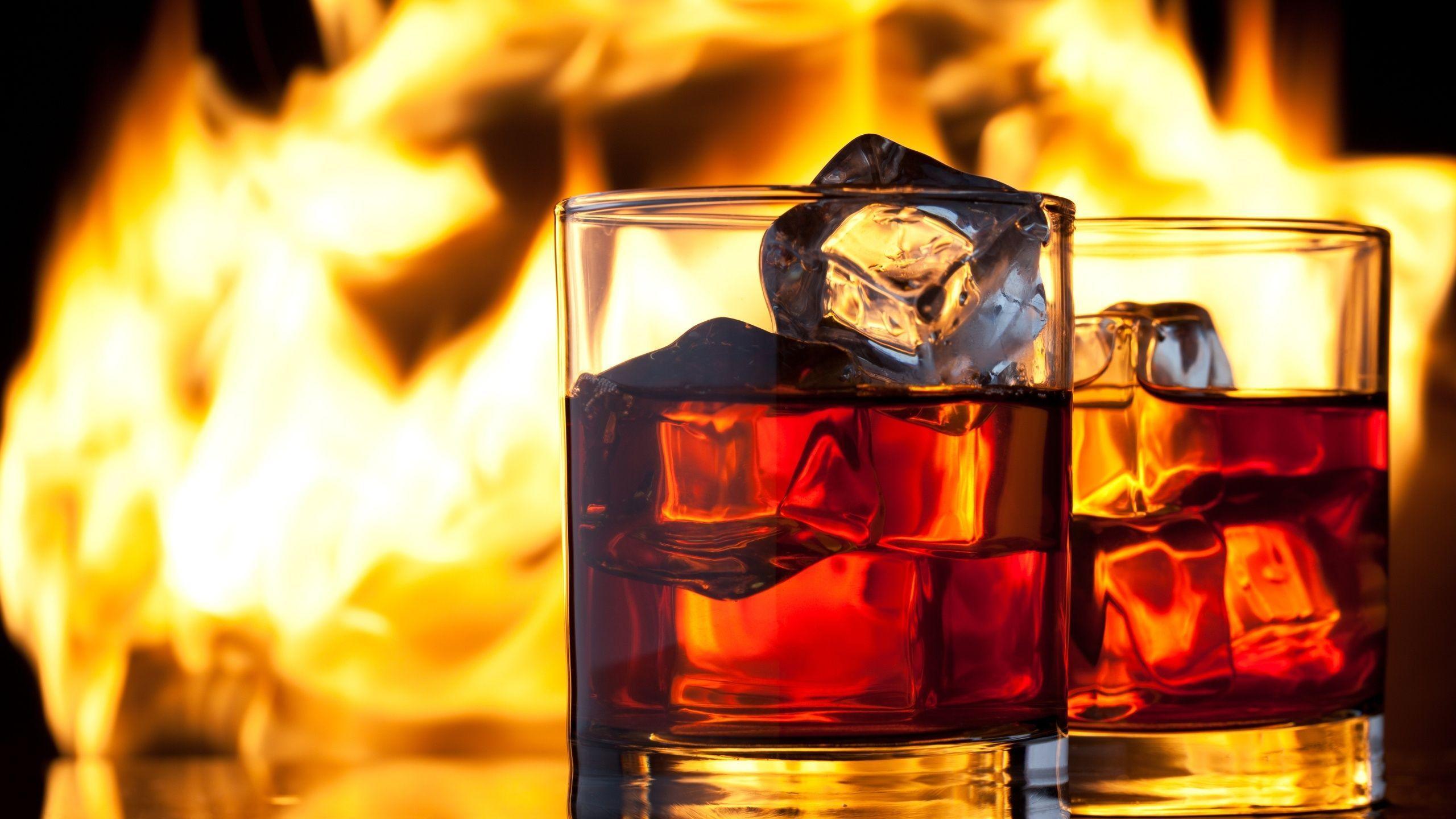 Whiskey, Glasses, Fire, Drink, Flame, Ice Wallpaper