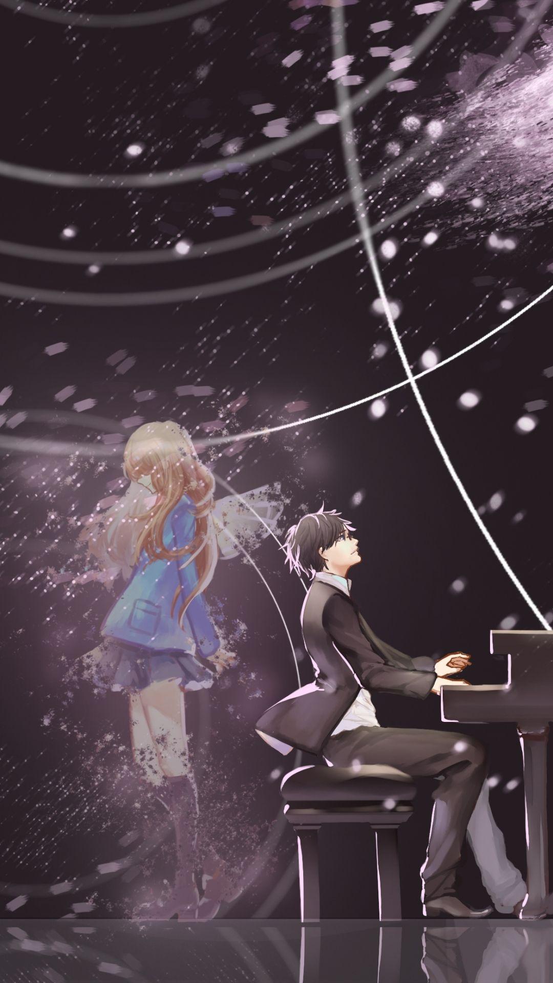 Wallpaper the sky, petals, pair, Shigatsu wa Kimi no Uso, Your April lie  for mobile and desktop, section сёдзё, resolution 1920x1080 - download