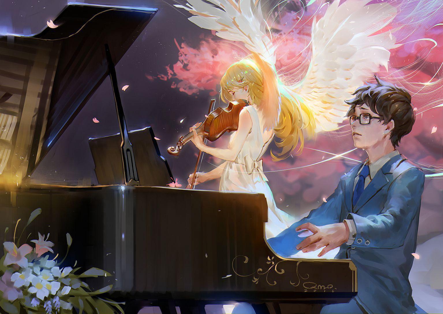 Wallpaper look, girl, anime, art, guy, silhouettes, Shigatsu wa Kimi no Uso,  Your April lie for mobile and desktop, section прочее, resolution 1920x1200  - download