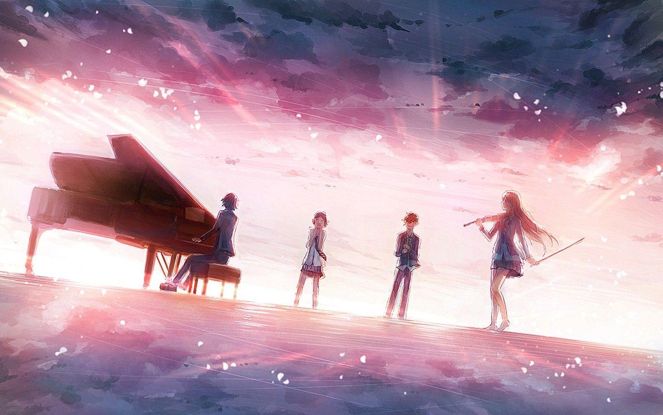 Wallpaper look, girl, anime, art, guy, silhouettes, Shigatsu wa Kimi no Uso,  Your April lie for mobile and desktop, section прочее, resolution 1920x1200  - download