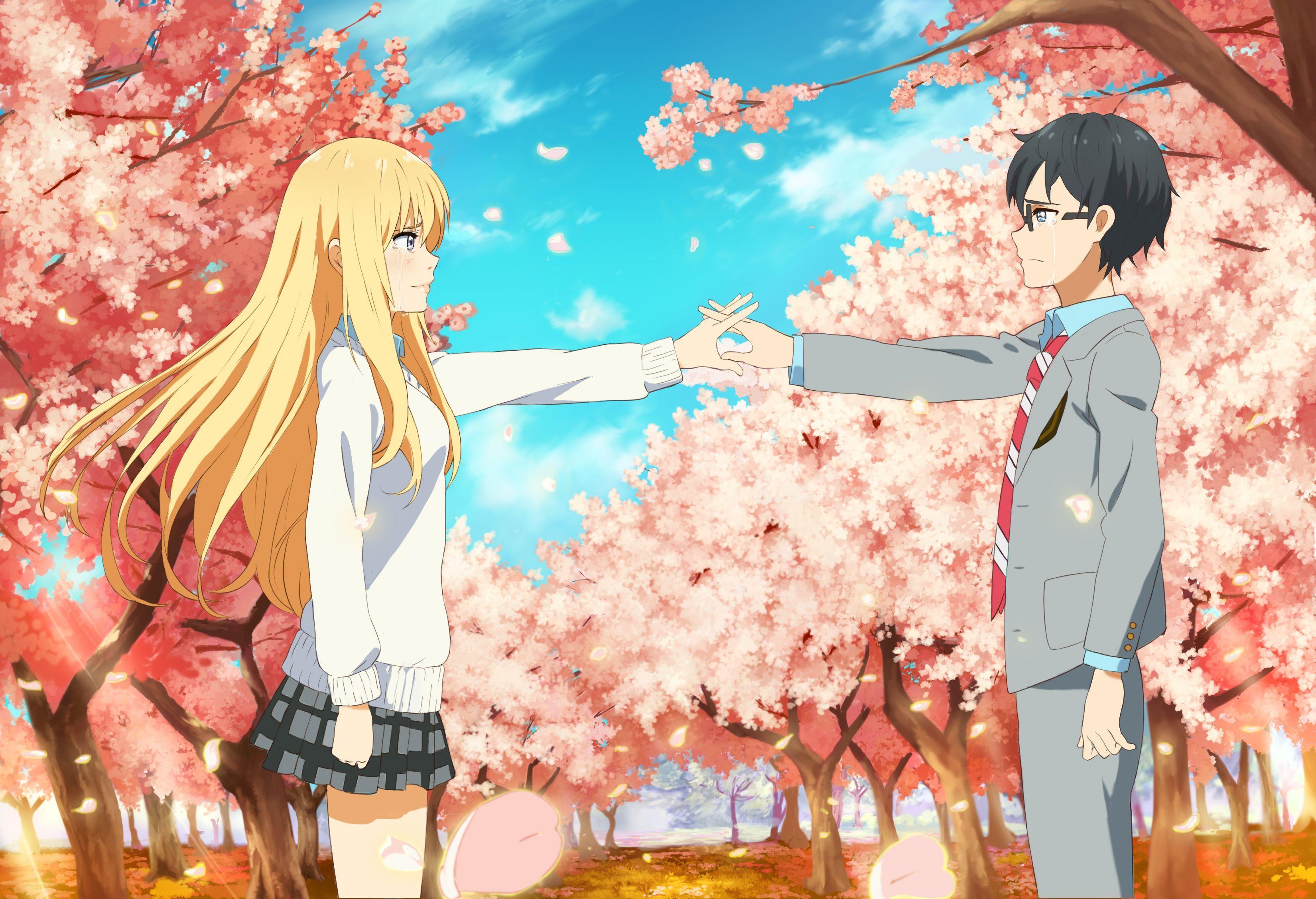 Wallpaper girl, tears, hugs, guy, two, Shigatsu wa Kimi no Uso, Your April  lie for mobile and desktop, section сёдзё, resolution 3840x2160 - download