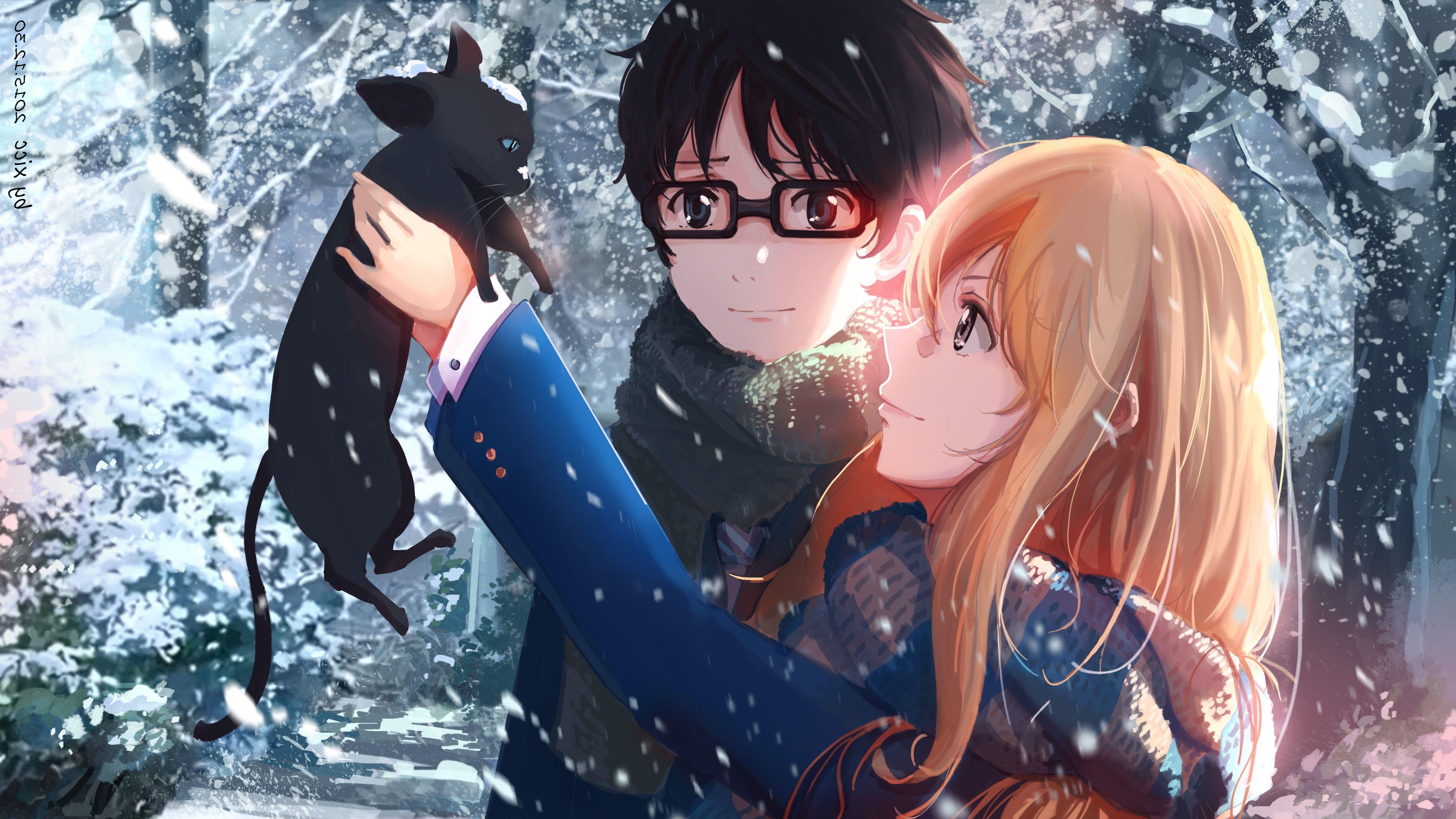 Wallpaper girl, tears, hugs, guy, two, Shigatsu wa Kimi no Uso, Your April  lie for mobile and desktop, section сёдзё, resolution 3840x2160 - download