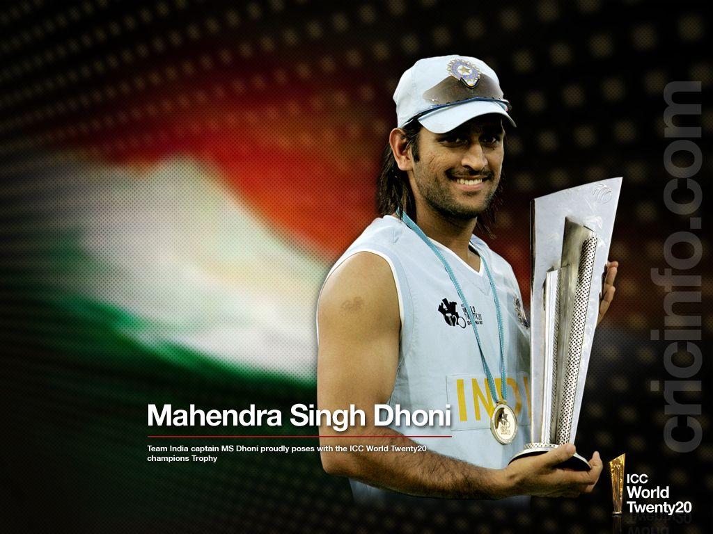 MS Dhoni poses with the T20 Trophy. Cricket Wallpaper