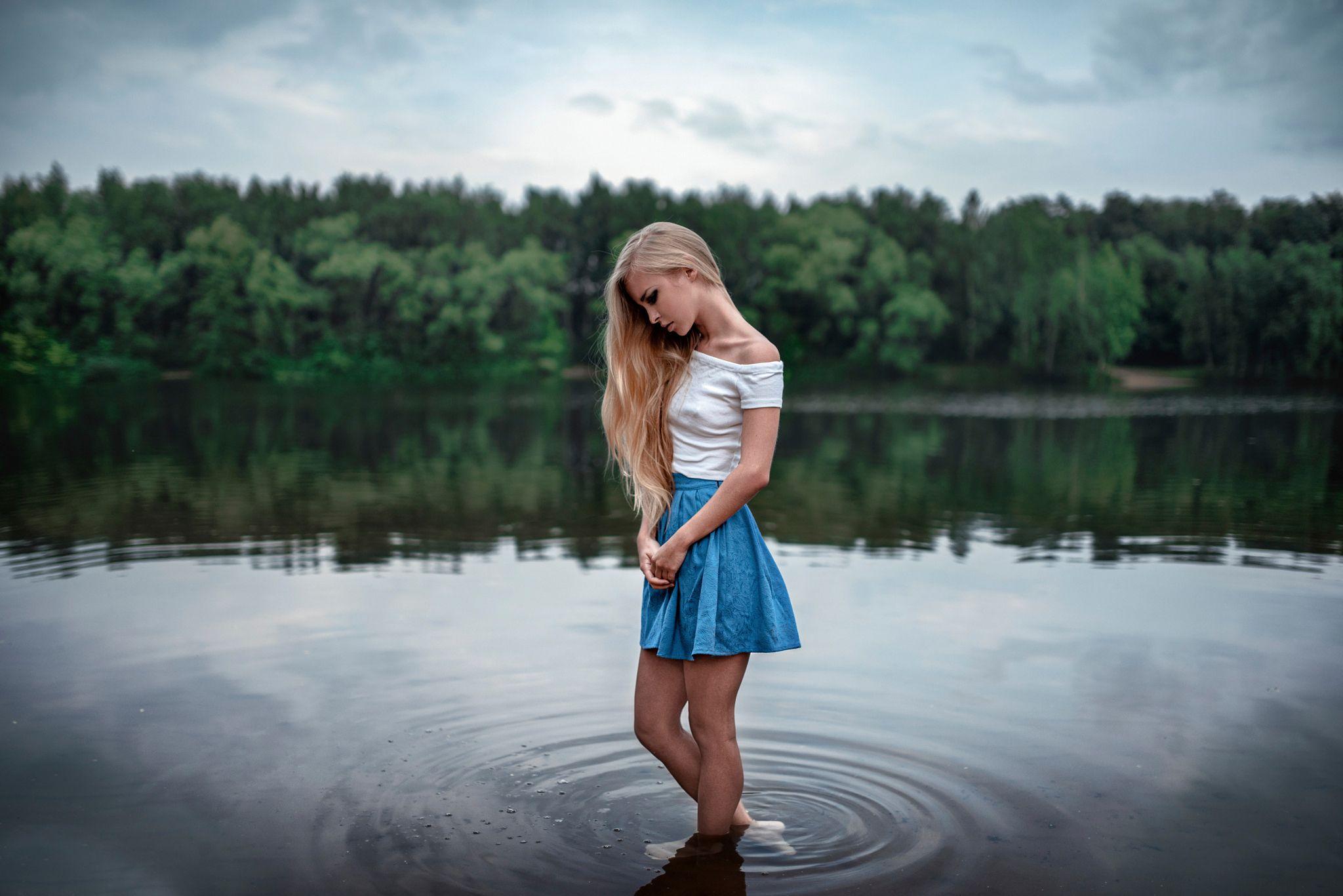 Cute, Sad, Girl, Alone, Lake, Skirt, Trees, Forest wallpaper