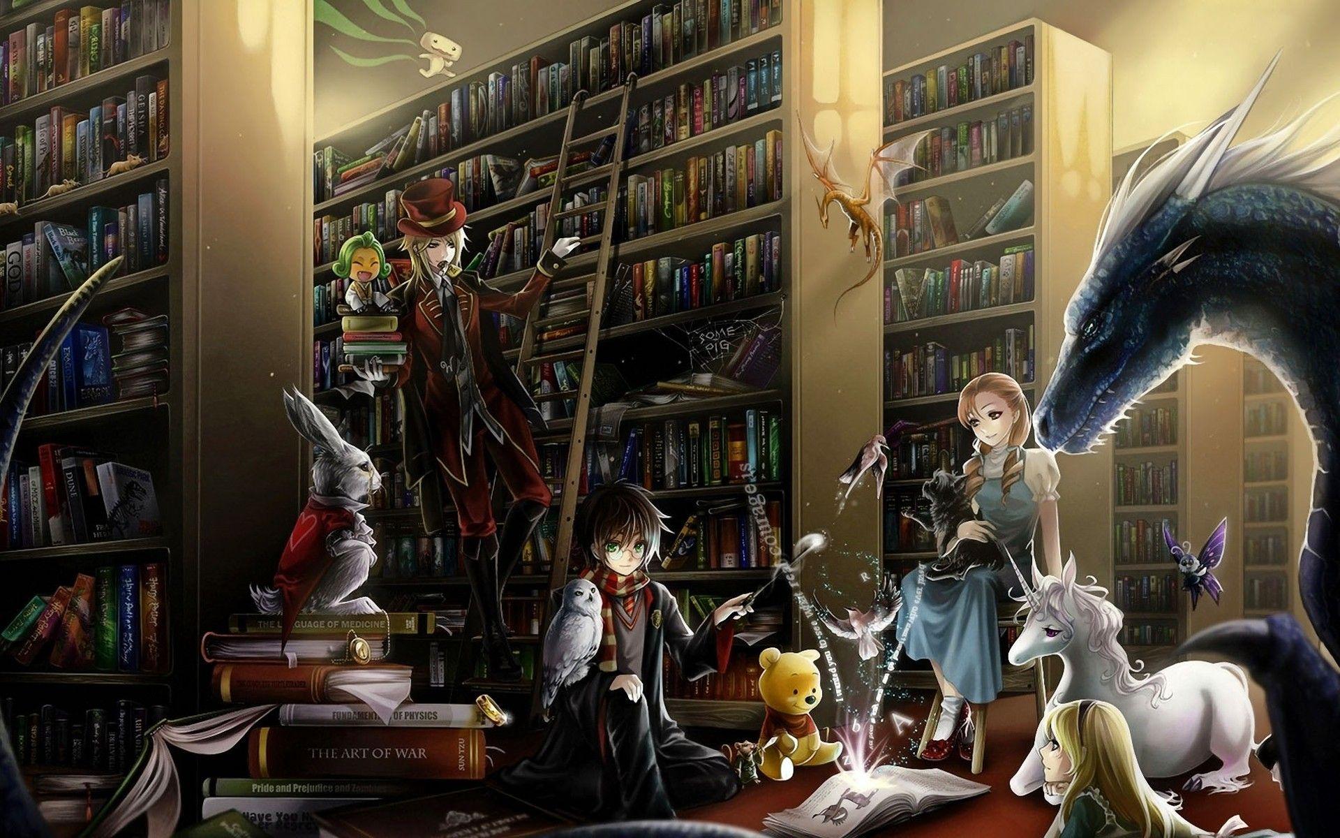 dragons Alice in Wonderland unicorns library Harry Potter anime