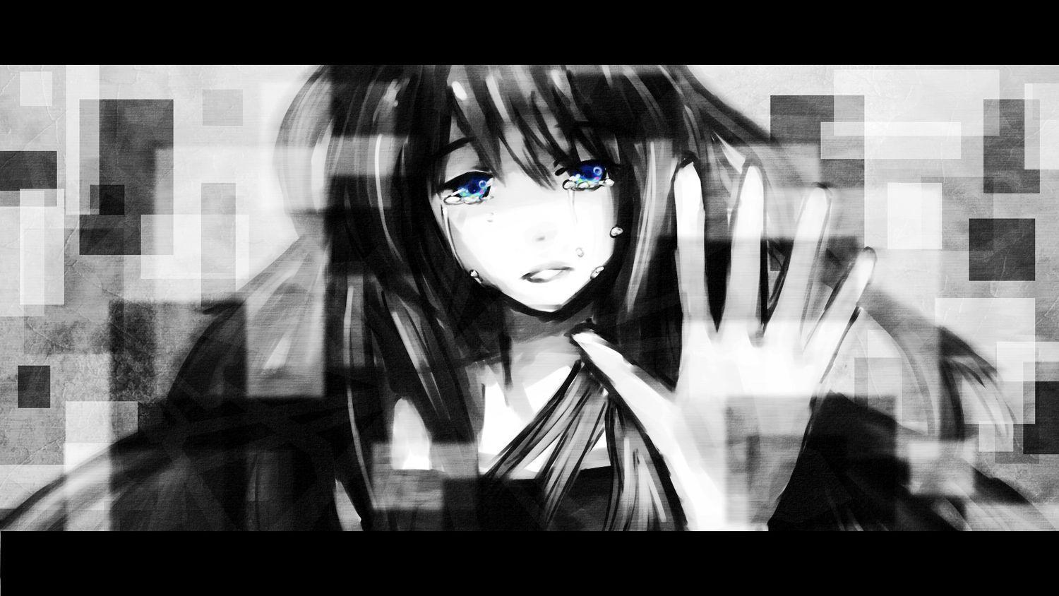 sad anime couple black and white