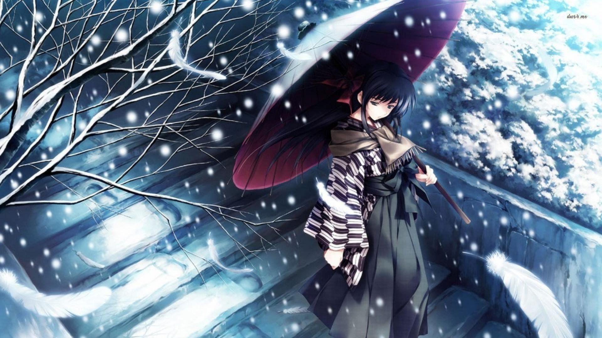 Snow tree kimono girl alone sad anime blue wallpaperx1080