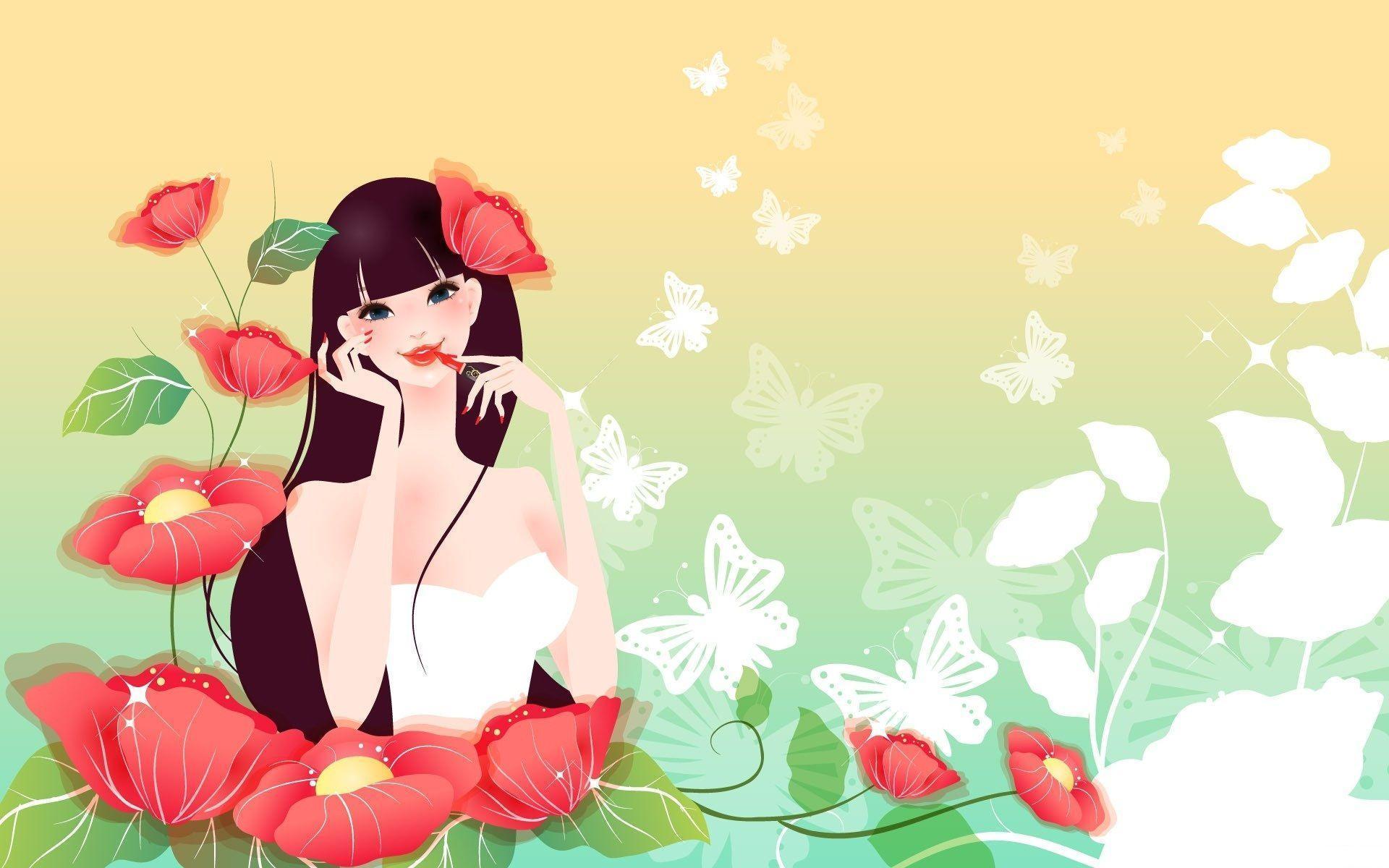 Drawing girl flowers poppies red lipstick butterfly wallpapers