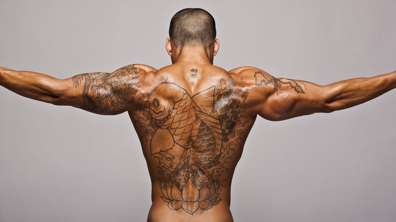 Tattoo, Muscles, Tan, Back, Man, Fish, Tattoo Wallpaper