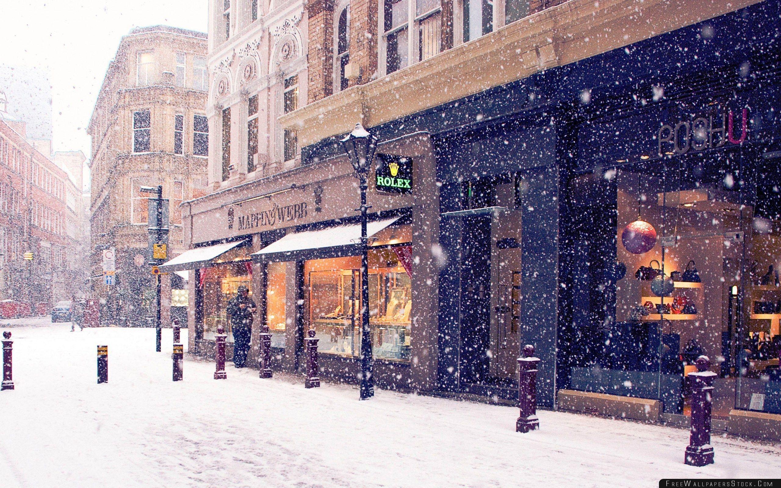 City Winter Europe Street Snow Shopping Wallpaper