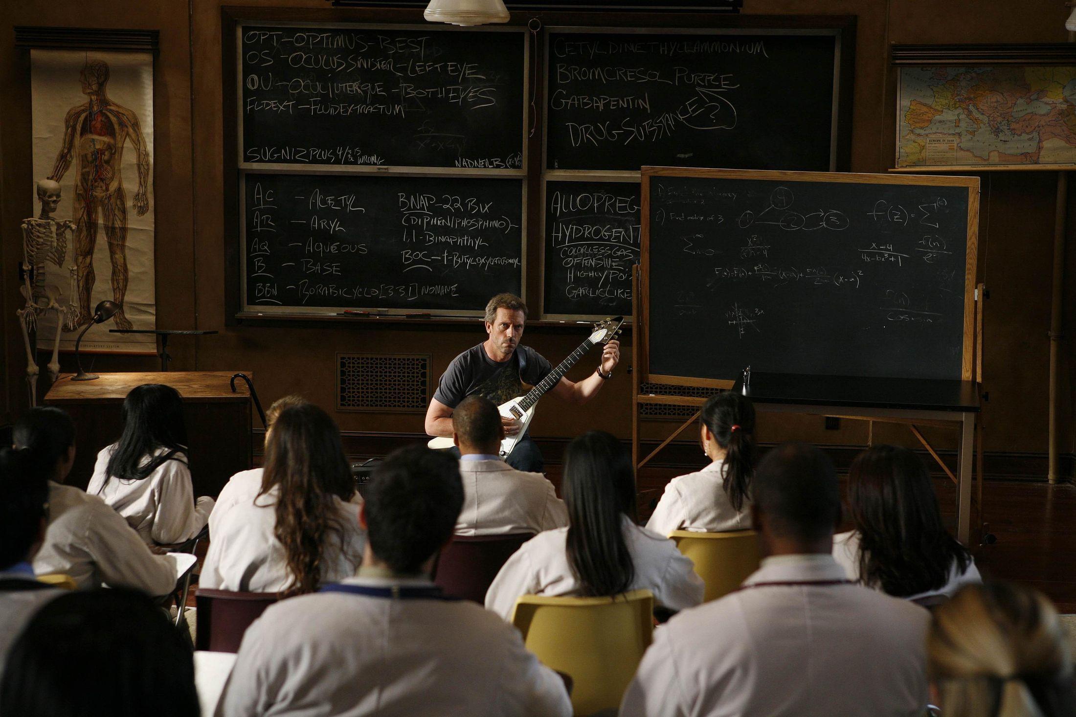 classroom, guitars, Hugh Laurie, Gregory House, chalkboards, House