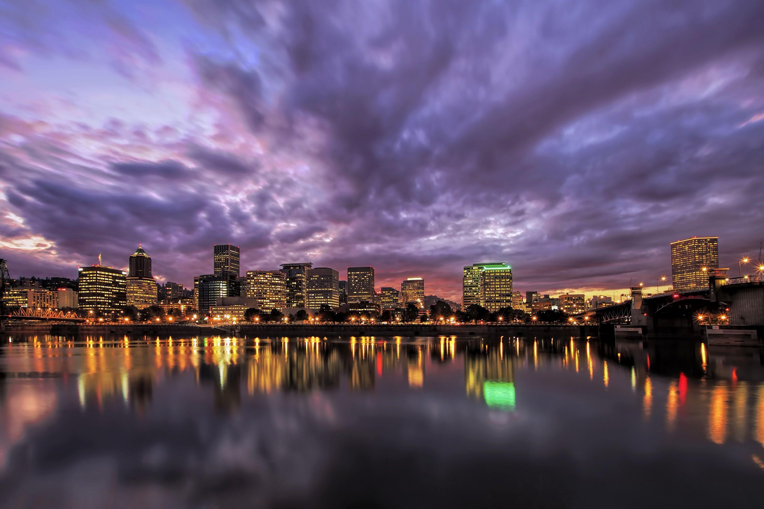 Downtown Portland Over Night City In Oregon Usa Hd Wallpaper For Desktop  3840x2160  Wallpapers13com