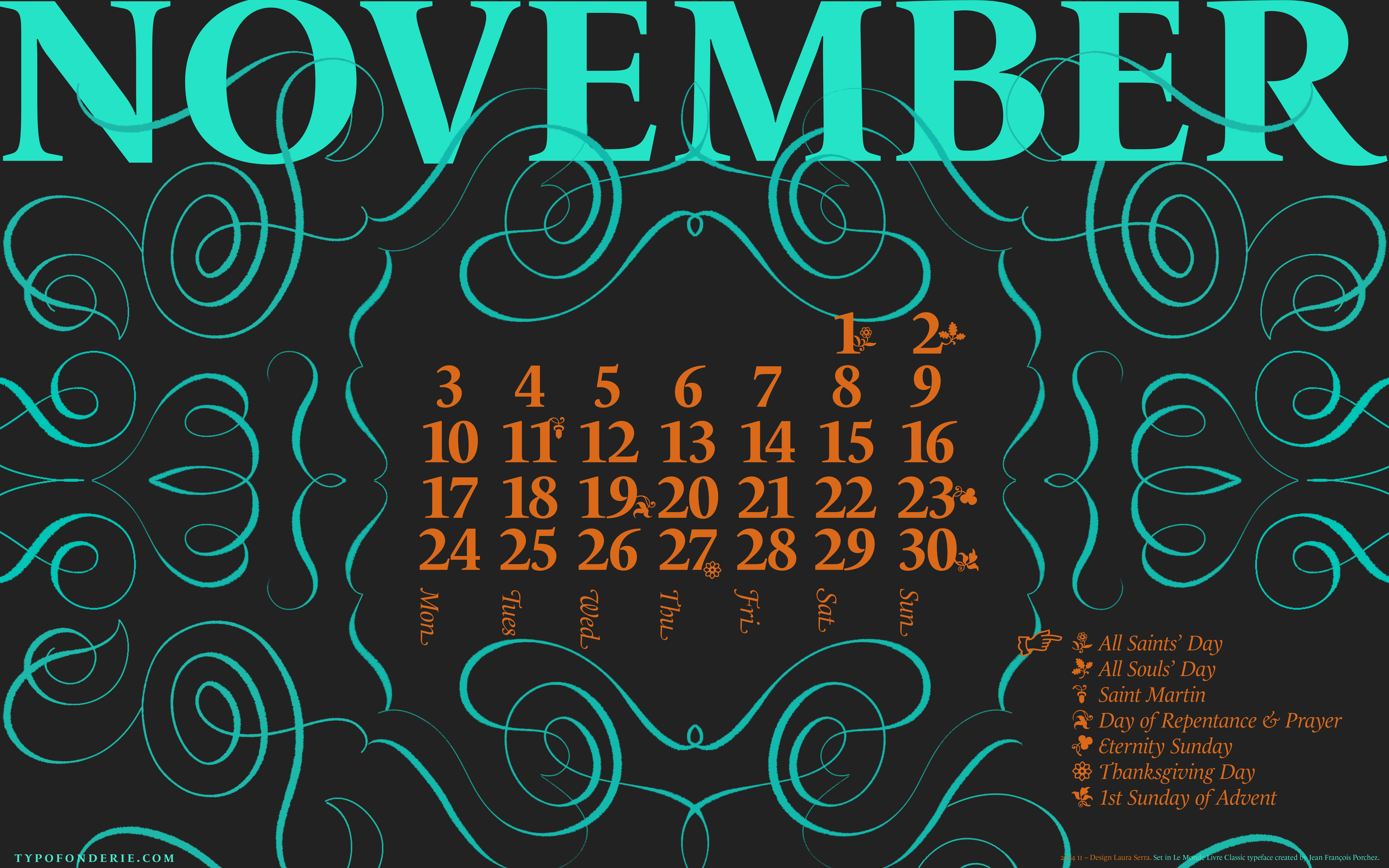 A wallpaper calendar November 2014 featuring Le Monde Livre