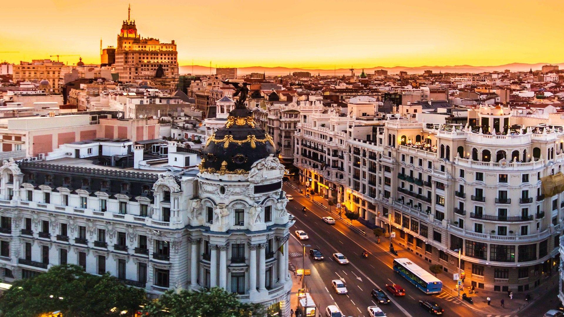 city, Cityscape, Sunset, Road, Car, Architecture, Madrid, Spain