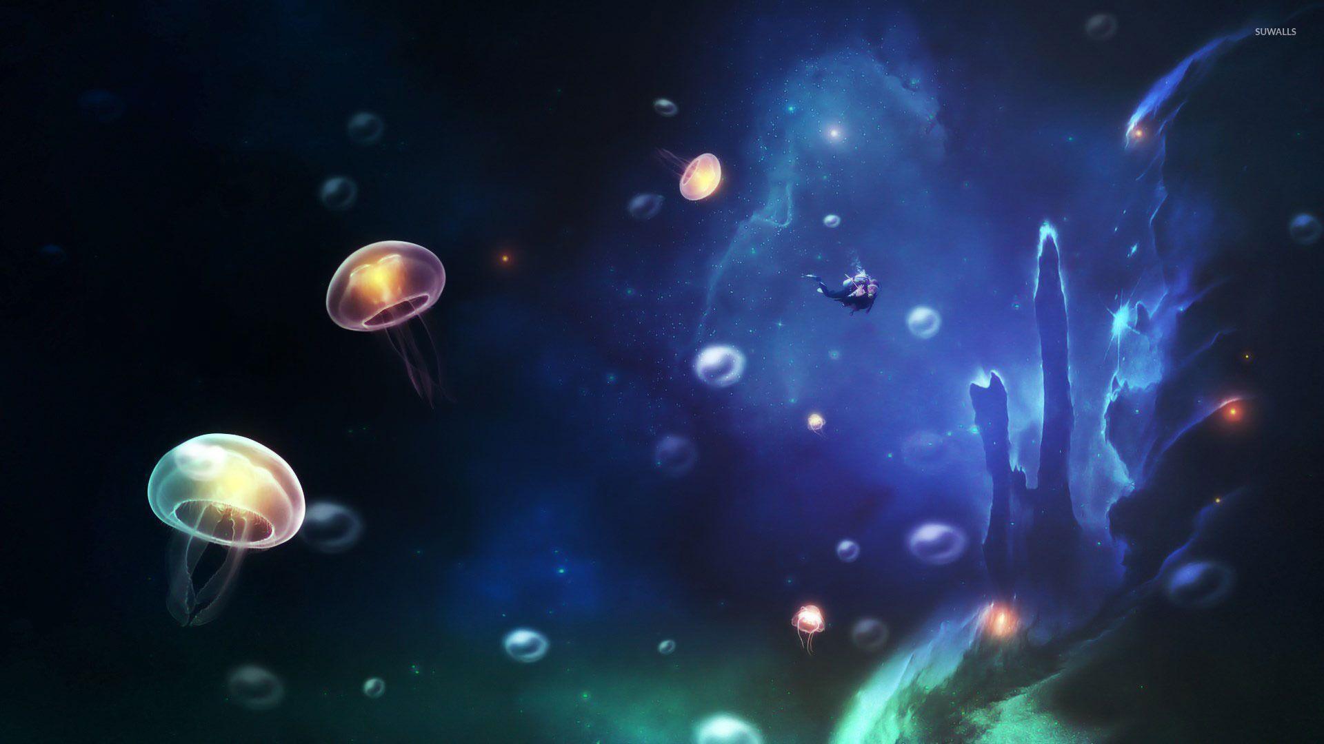Scuba diver and glowing jellyfish wallpaper Art