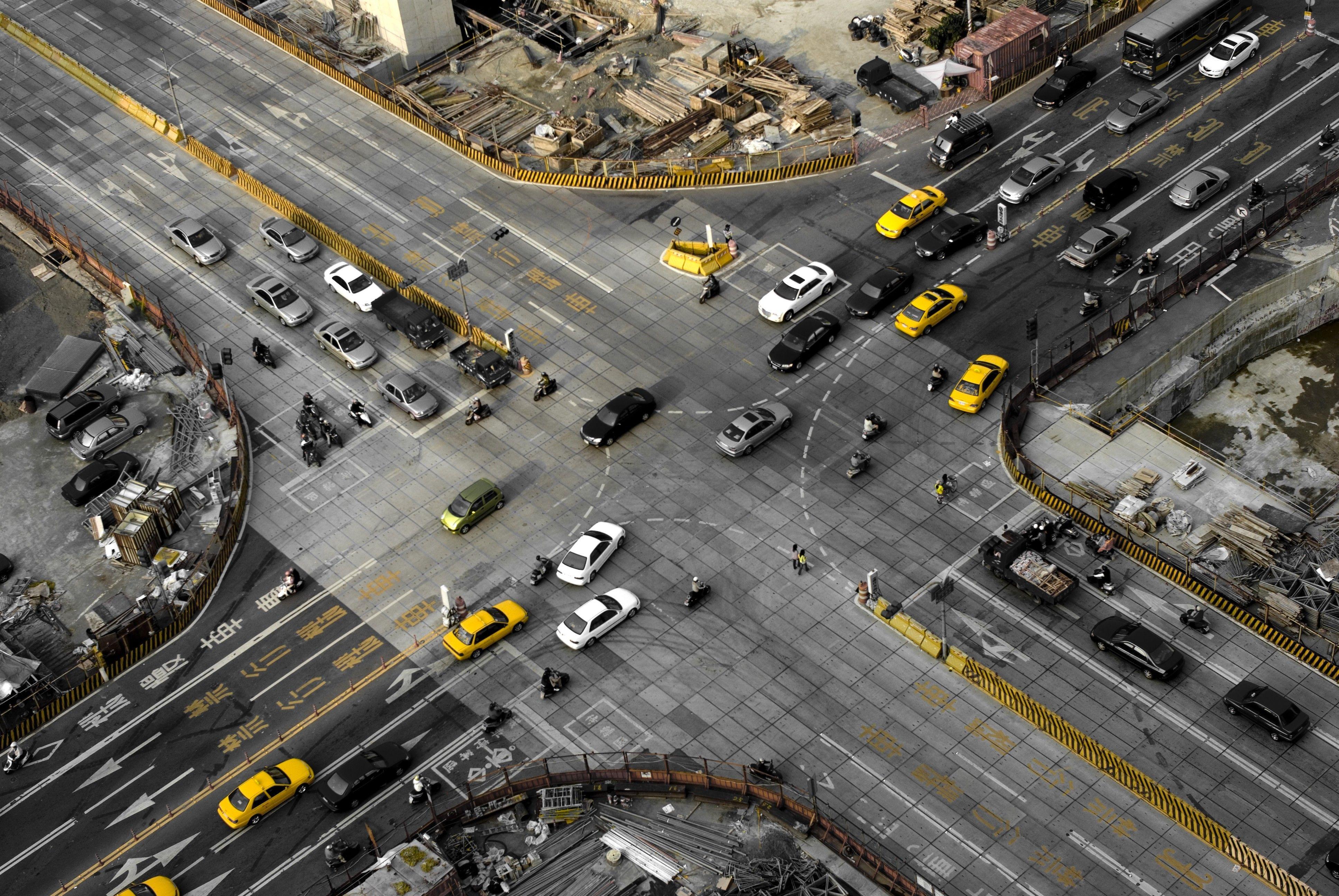 city, Urban, Selective Coloring, Yellow, Taxi, Road, Aerial View