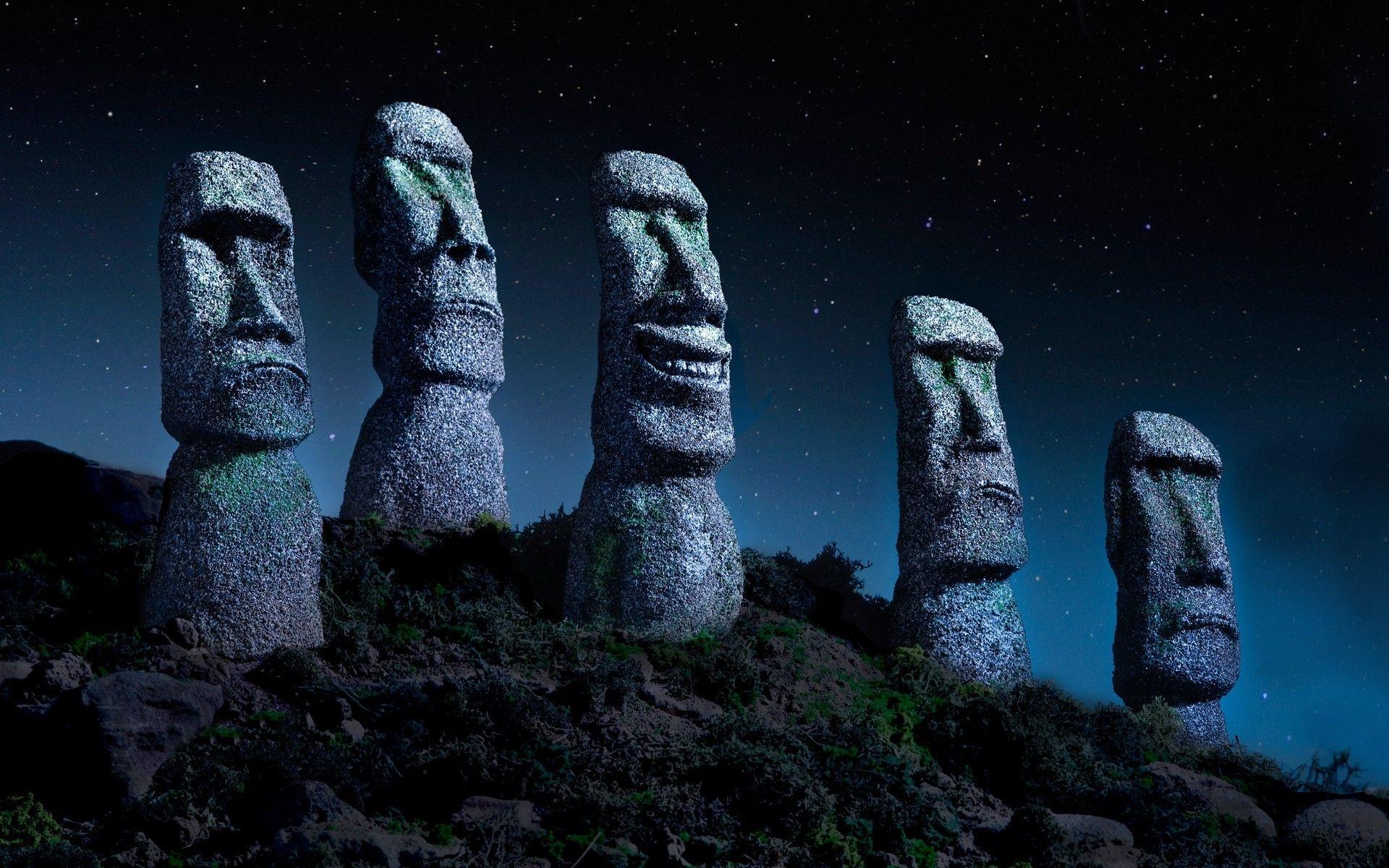 Easter Island, Chile, Starry Night, Statue, Moai, Stone, Monuments