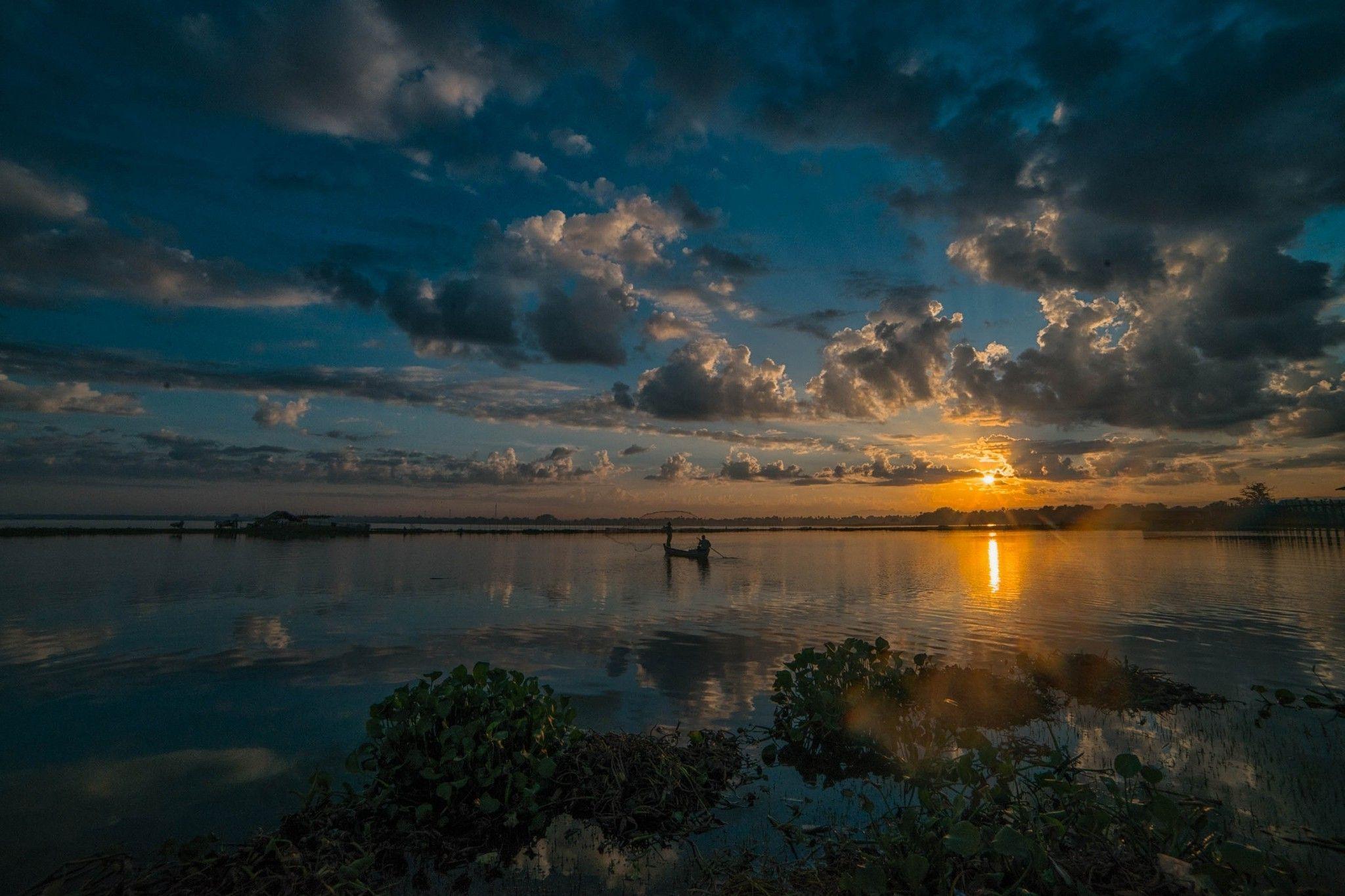 Download HD nature, Landscape, Lake, Sunrise, Myanmar, Sky, Clouds