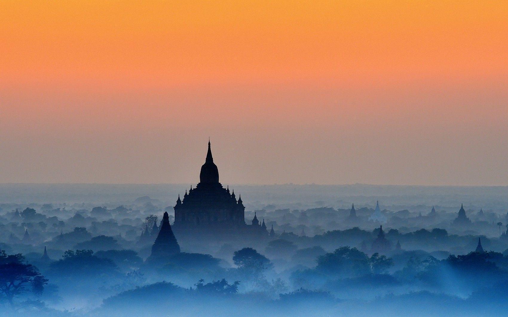 nature, Landscape, Bagan, Sunrise, Temple, Mist, Blue, Trees