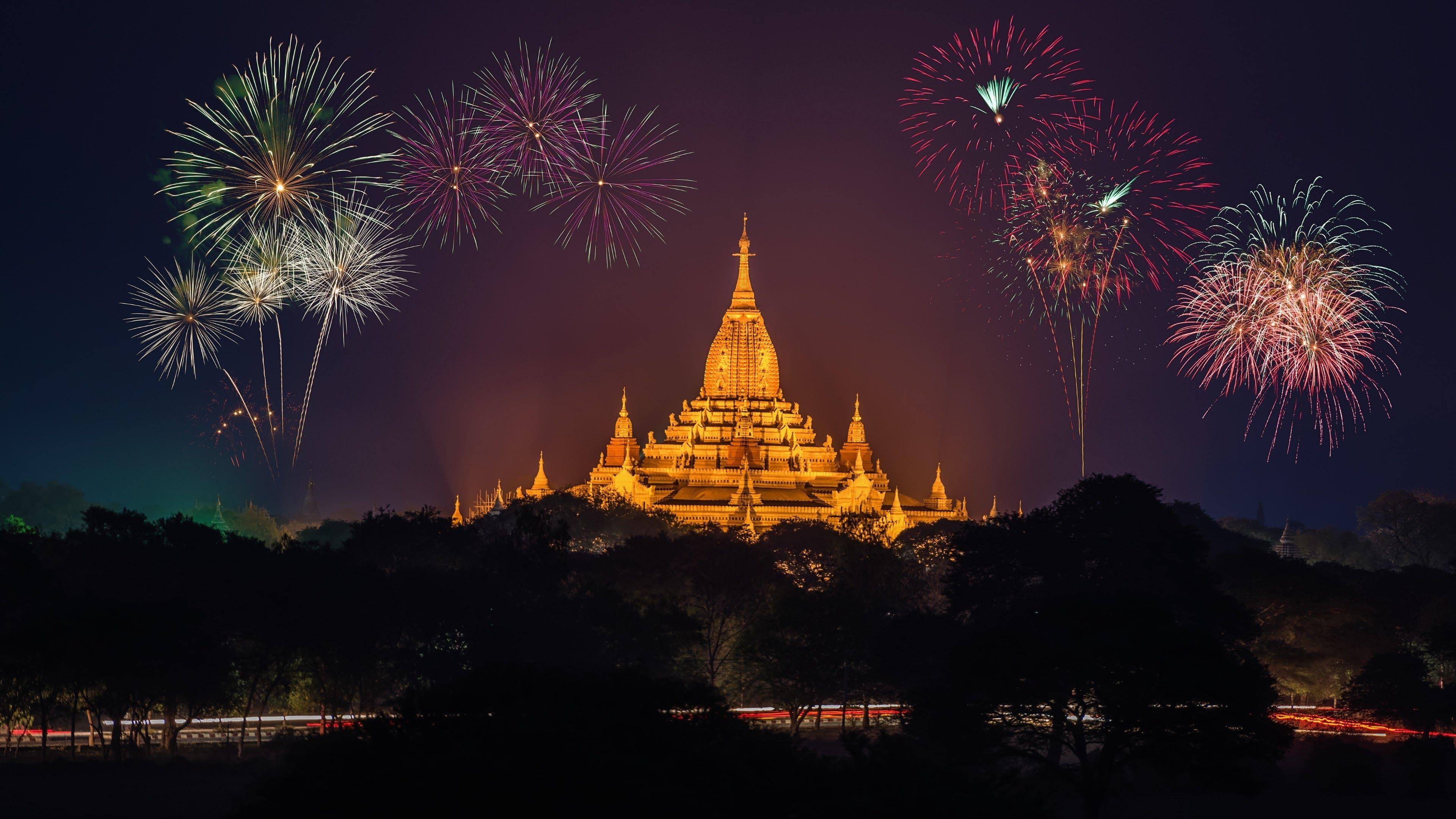 Download 3840x2160 Ananda Temple, Fireworks, Myanmar Wallpaper