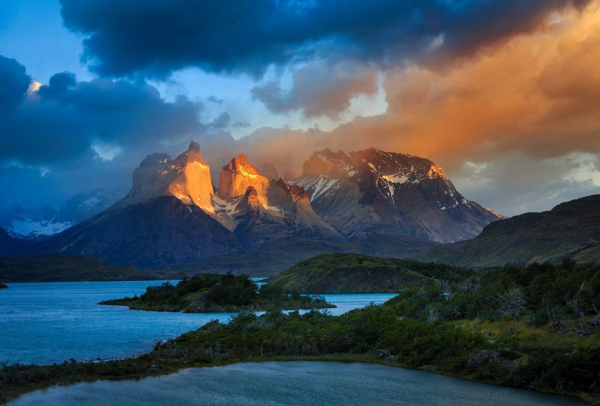 south america chile patagonia mountain andes sky clouds light lake