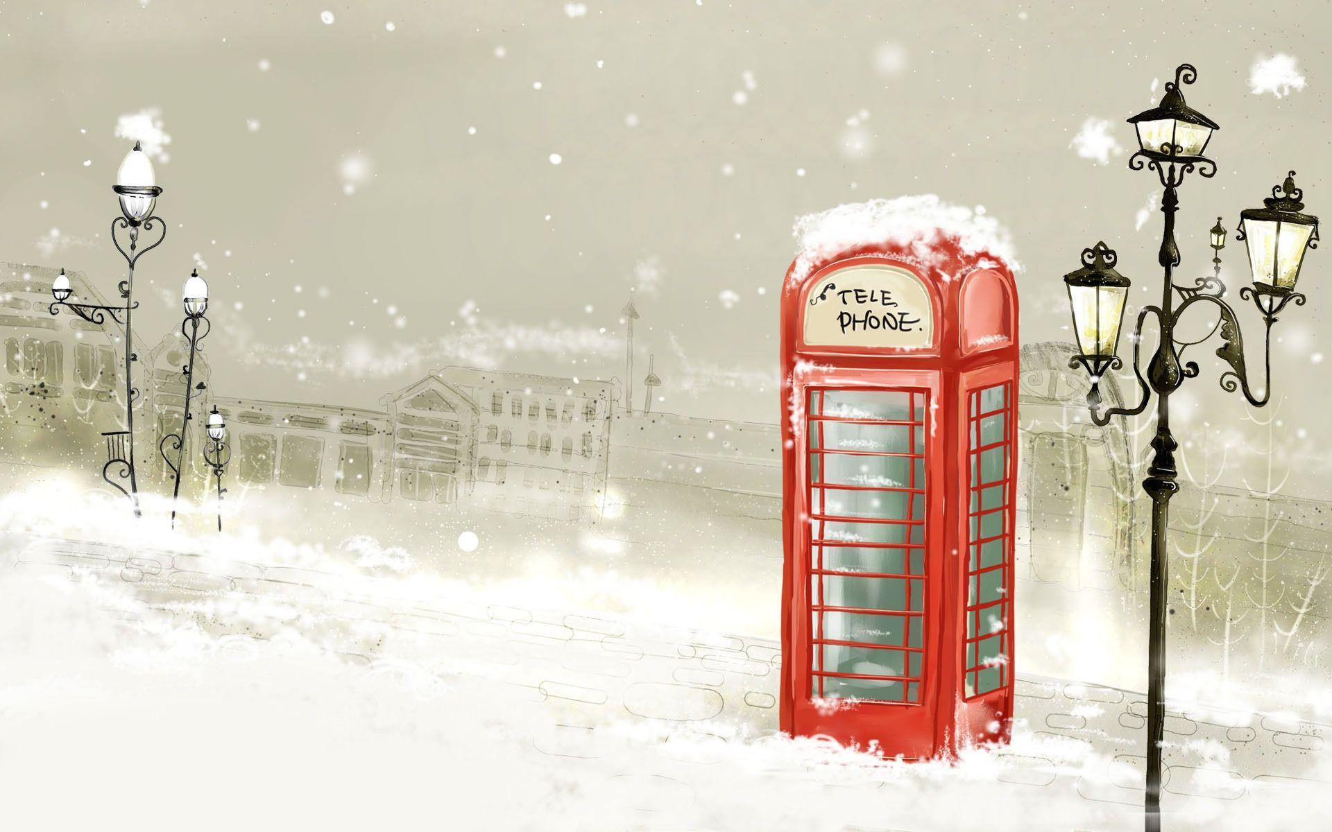Telephone booth in the snow wallpaper. Cold and Wintery
