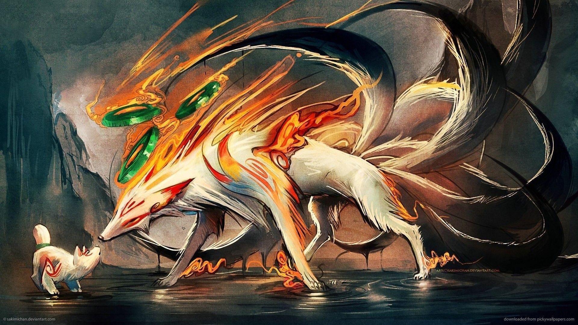 Download 1920x1080 Nine Tailed Fox And Pup Wallpaper