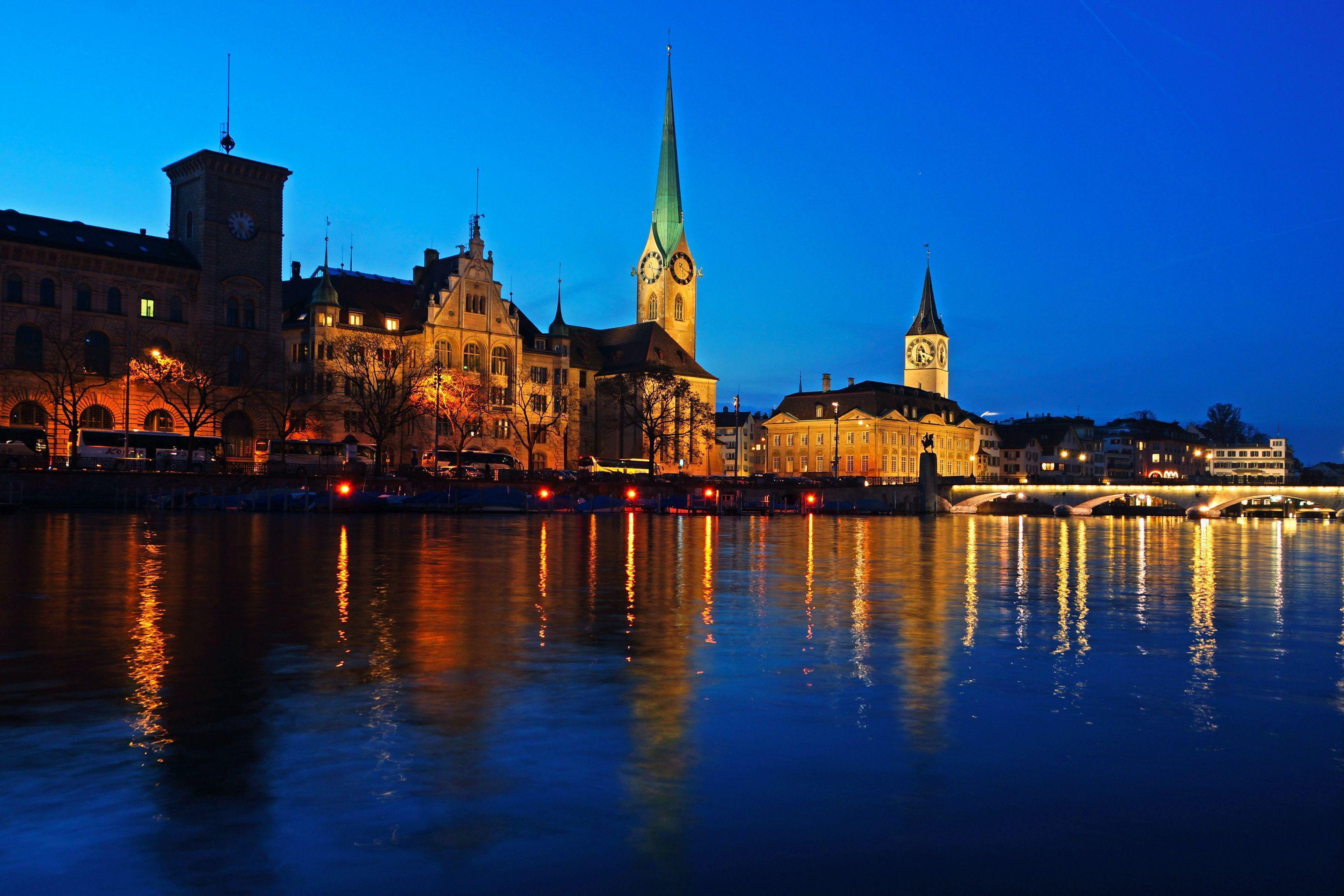 image Zurich Switzerland Rivers night time Cities 3072x2048