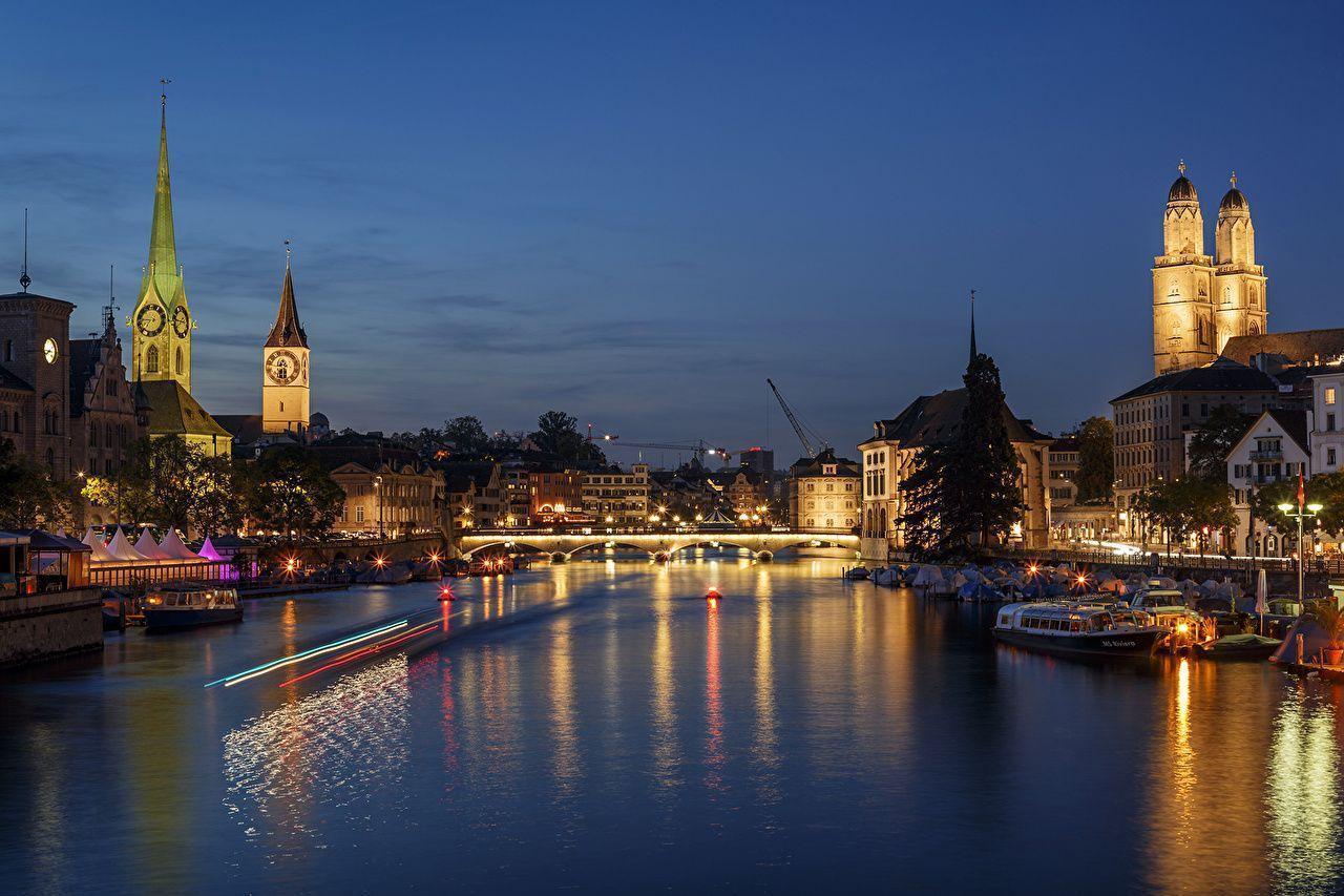 Wallpaper Zurich Switzerland Bridges Sky Night Rivers Marinas