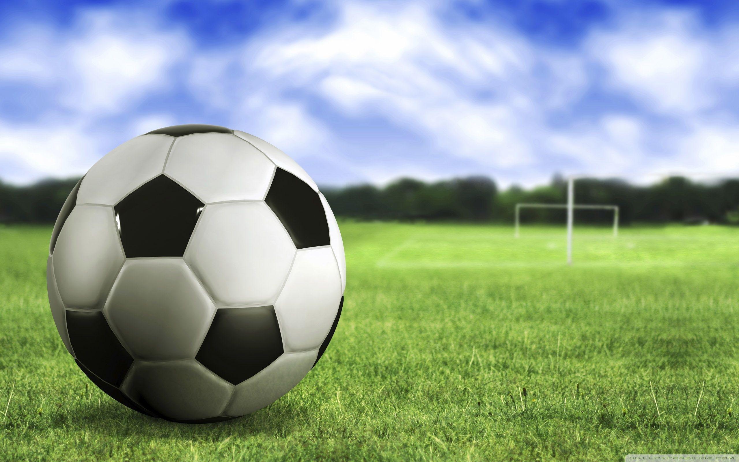 Green grass, Blue sky, Soccer ball, Soccer field wallpaper