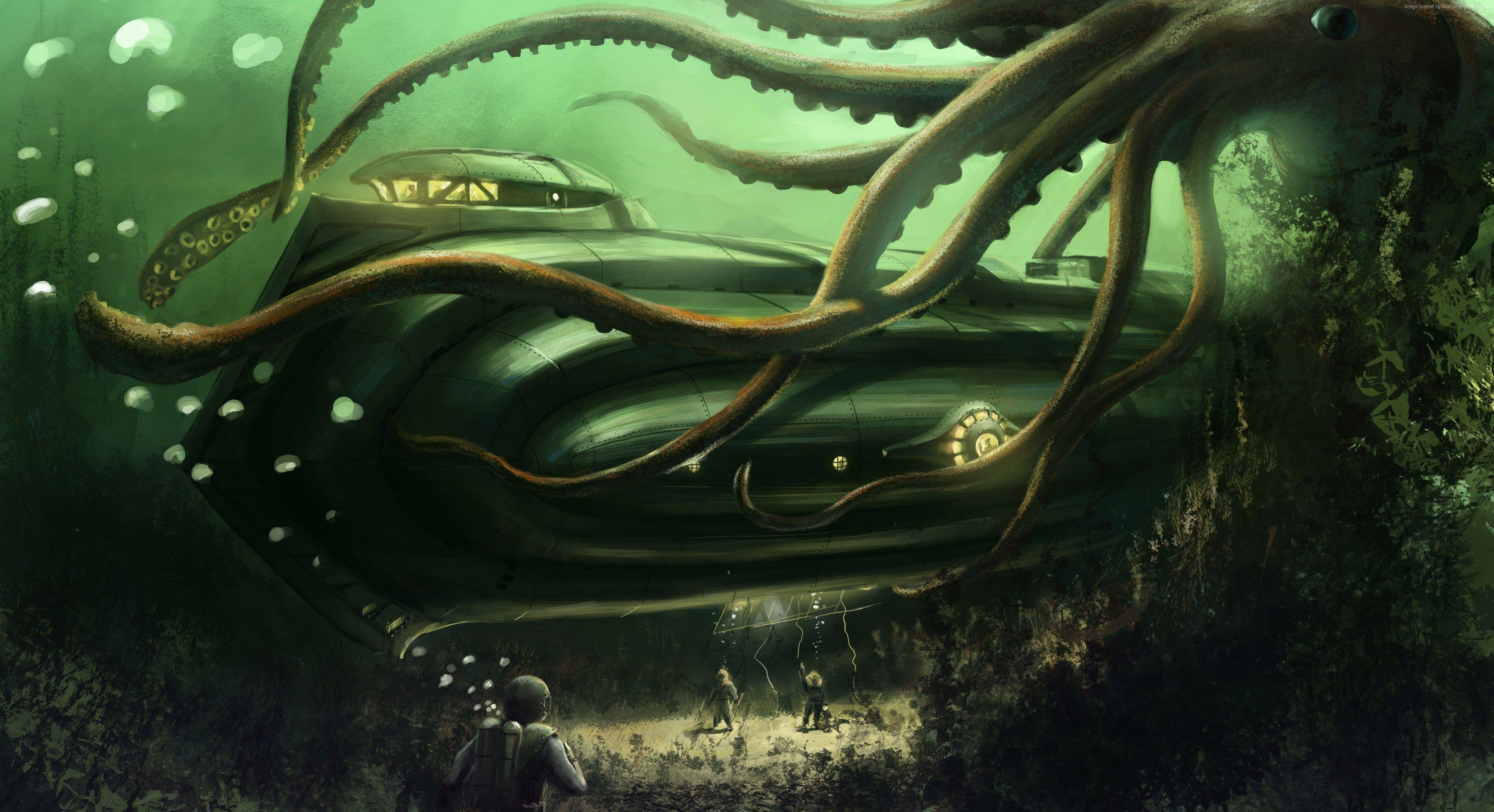 Wallpaper Octopus, Nautilus, Jules Verne, bottom, ocean, boat