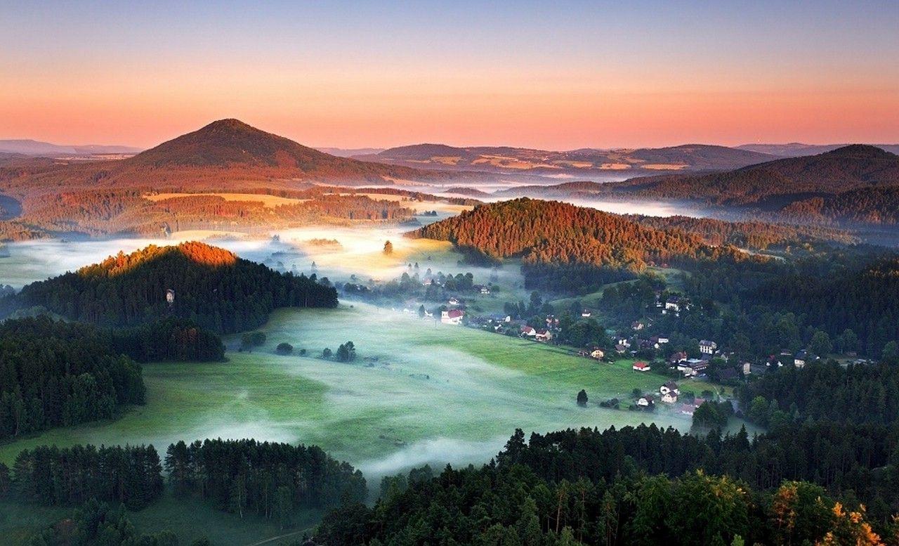summer, Morning, Mist, Forest, Hill, Villages, Field, Czech