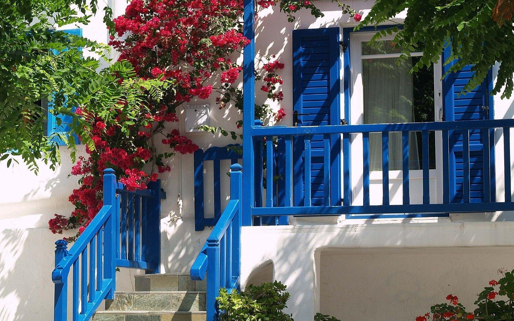 Houses: Mykonos Town House Entrance Flowers Island High Quality