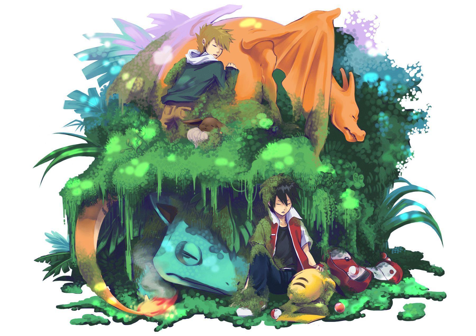 brown hair charizard eevee fire grass hat ookido green pikachu