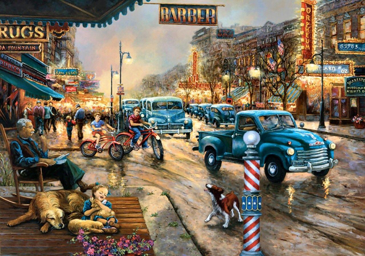 Barber Tag wallpaper: Times Gone Cityscape Barber Pole Painting