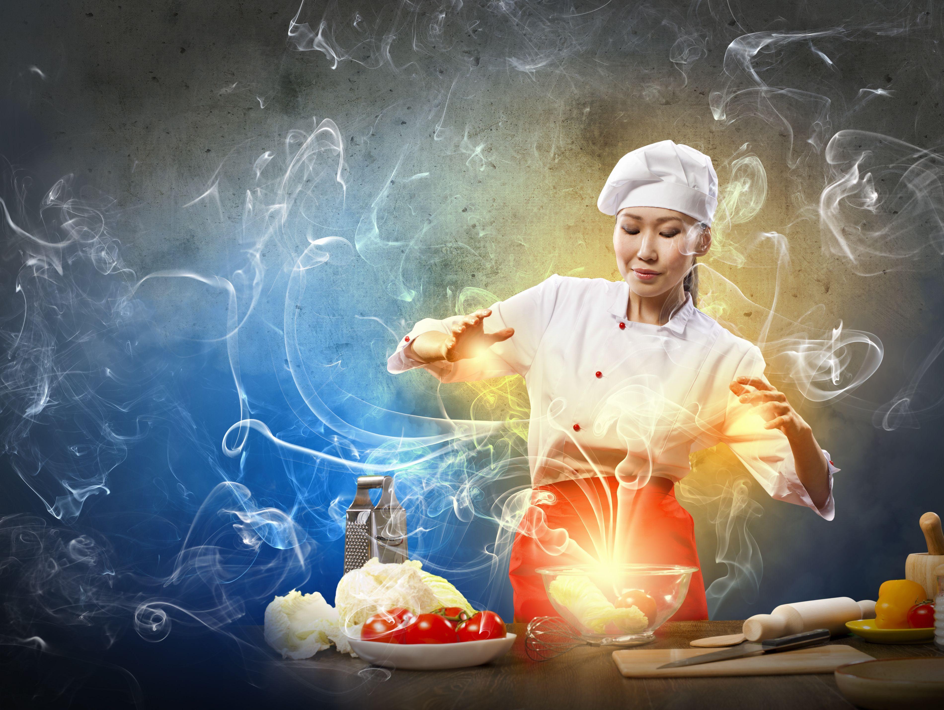 Wallpaper Creative, Chef, Girl, Asian, Cooking, Smoke, Vegetables