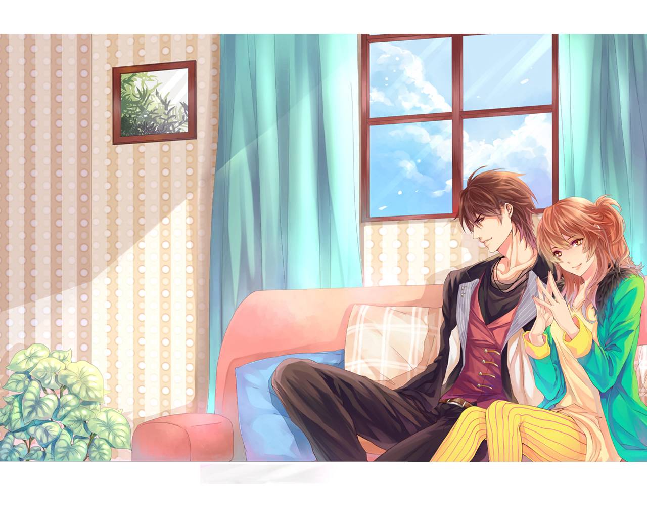 Anime Couple Sitting Together - Couple at home sitting on sofa