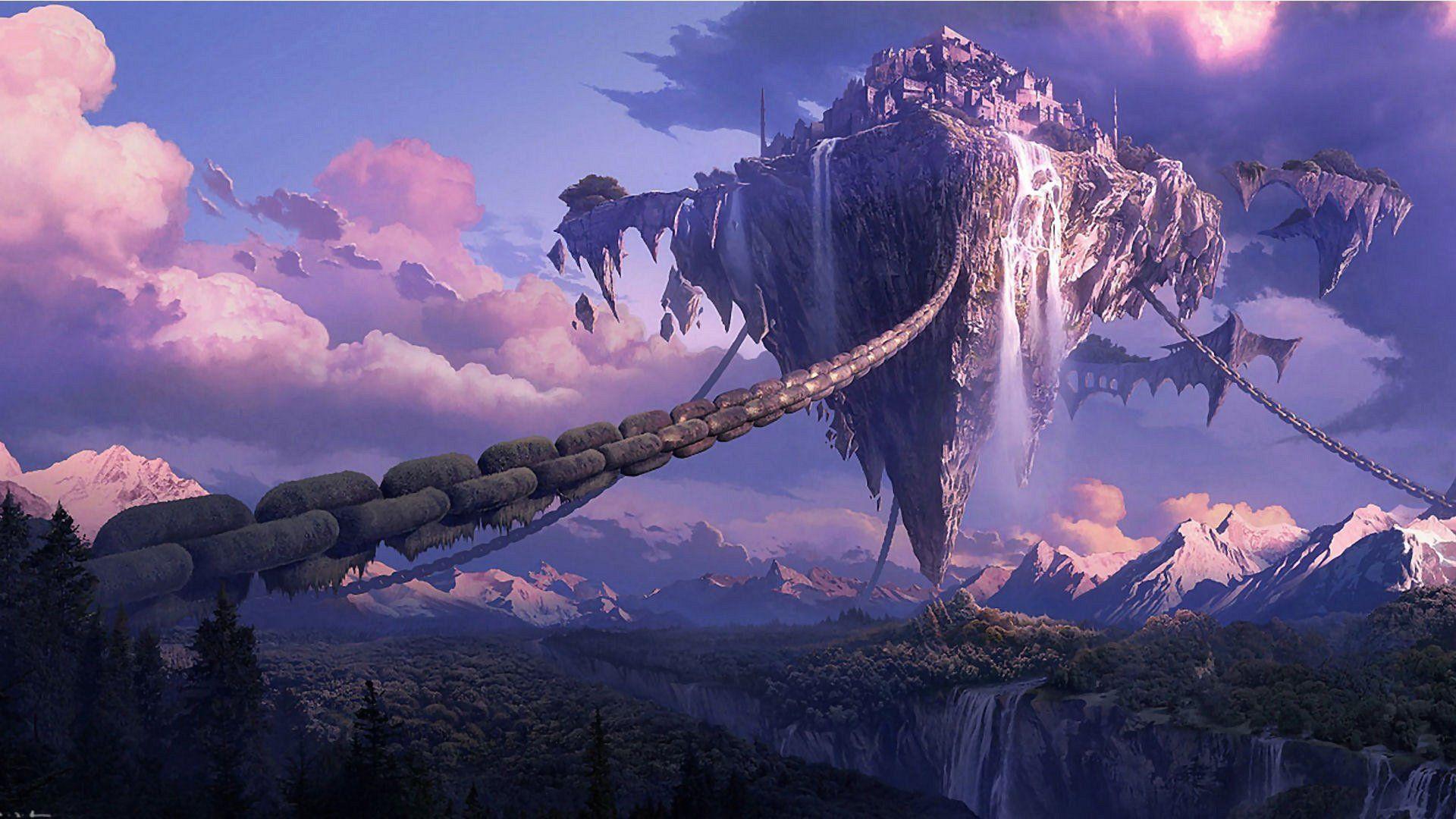 Wallpaper Chained Floating Island Fantasy 1920 X 1080 Full HD