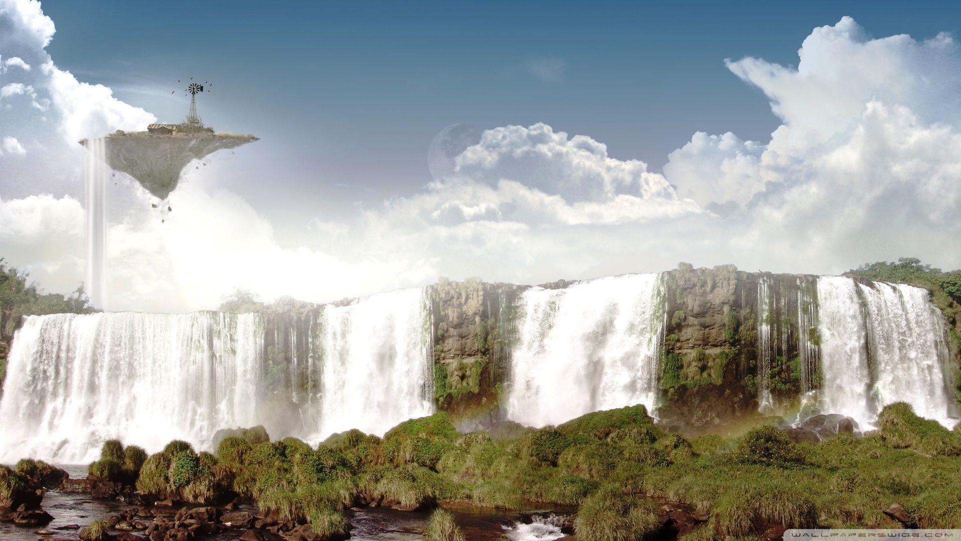 The Waterfall And The Floating Island HD desktop wallpaper