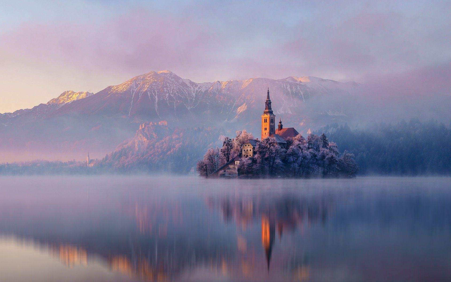 castle, Lake, Landscape, Mountain, Slovenia Wallpaper HD